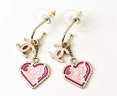 CHANEL Earrings CC Pink Heart COCO Swing 05 Gold GP Authentic • $1045.59