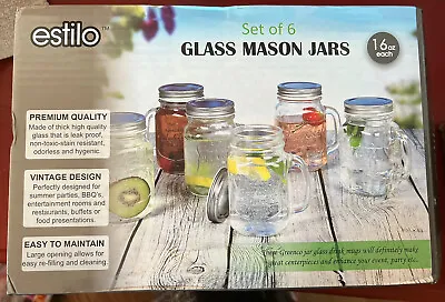 Estilo Set Of 6 Glass Mason Jars With Handles & Lids 16oz Each • $23.23