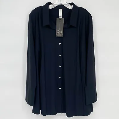 Marla Wynne 2X Black Long Sleeve Top Blouse Basic Pleated Button Up Pockets New • $38.24