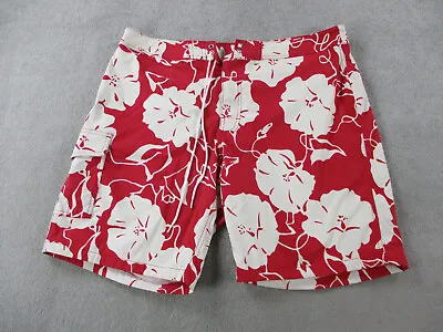J Crew Swim Trunks Mens 35 Red White Floral Board Shorts Mesh Lined Preppy • $10.49