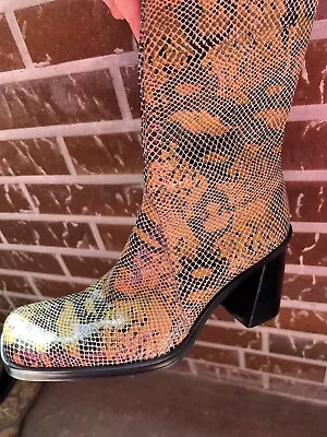 Mia Snakeskin Boots Square Toe Shoes Size 8.5 Leather Mid Calf Made In Brazil • $65