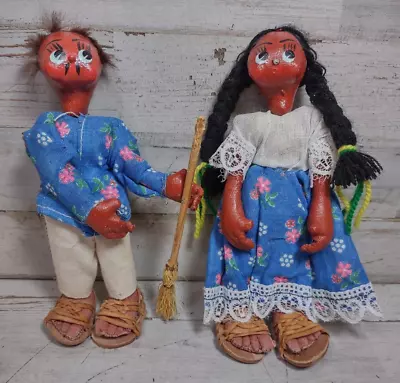 Pair Vintage Mexican Folk Art Oil Cloth Dolls Man W/ Broom Woman W/ Braids • $29.50