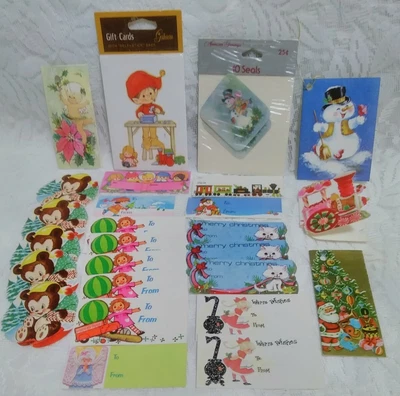 $27.95 • Buy 38 Vintage Christmas Gift Tags Seals Hallmark Children Snowmen  Angels Kittens 