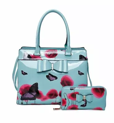 New Women's Poppy Butterfly Print Patent 2 In 1 Tote Hand Bag With Bow Detail    • £31.99