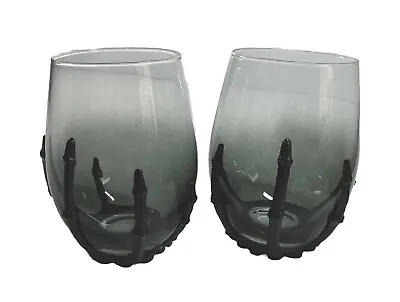 Pair Stemless Halloween Smoky Ombre Wine Glasses 3D Spooky Black Skeleton Hands • $24
