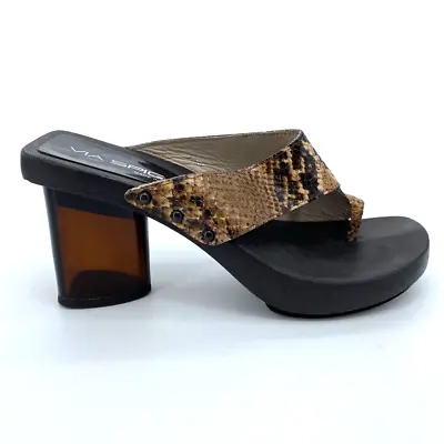 Via Spiga Sandals Women's 7.5M Brown Snake Embossed Leather Chunky Lucite Heels • $31.99