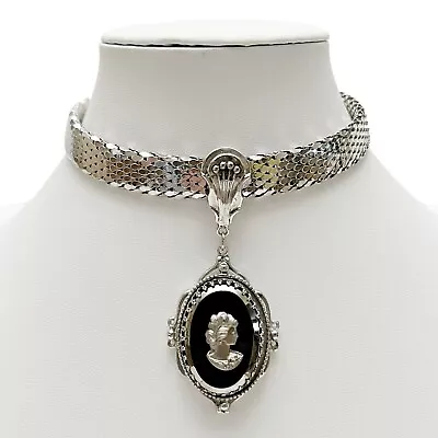 Vintage Whiting & Davis Glass Cameo Pendant Mesh Silvertone Choker Necklace • $79.99