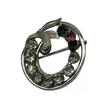 Vintage Van Dell Brooch Sterling Silver Multi Color Rhinestones Round Leaves Pin • $16.95