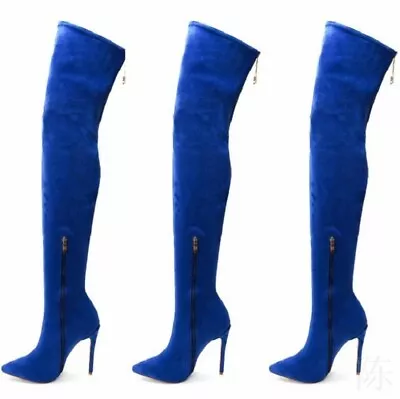 Women Overknee Boots Blue Pointed Toe Stiletto Heel Boots Clubwear Cosplay Sexy • $40.53