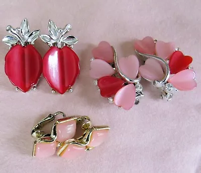 3 Pair VTG Pink & Red Hearts Apples Thermoset Lisner Coro Clip Earrings Jewelry • $9.99