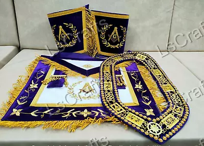 MASONIC GRAND LODGE MASTER MASON 100% LAMBSKIN APRON WITH CHAIN COLLAR & CUFFs • $100