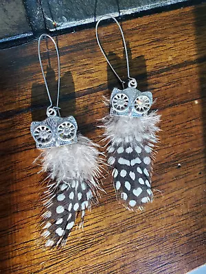 Vintage Owl Dangle Pierced Earrings Real Feathers Steampunk Retro Silver Tone • $12