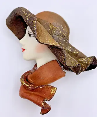 Vintage Hand Painted Art Deco Flapper Lady Face Brooch Pin Large Leather Hat • $19.90