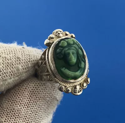 Retro 925 Sterling Silver Carved Green Mayan Aztec Warrior Cameo Ring • $95