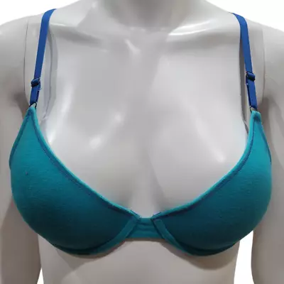 L.E.I. LEO44 Aqua Blue Cotton Plunge Push-up Padded Colorful Logo Bra Sz. 36b • $15