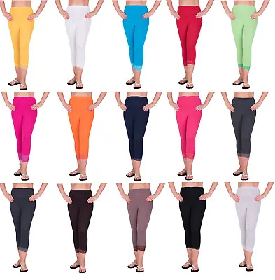 Cropped Leggings With Lace 3/4 Length Casual Cotton Pants Hot Colours Sizes 8-22 • £5.49