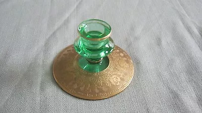 Vintage Green Glass Heavy Gold Overlay Base Rose Greek Key Design Candle Holder • $10.99