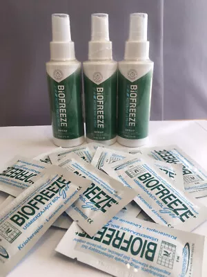 £27.89 • Buy BIOFREEZE SPRAY 4oz/118ml - X3 (TRIPLE PACK)+ 15 Travel Sashets FREE Pain Relief