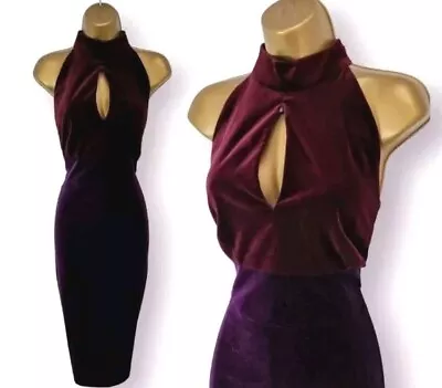 Karen Millen Mulberry Purple High Neck Velvet Wiggle Pencil Occasion Dress UK 14 • £59.99