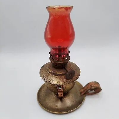 Vintage Oil Lamp Kerosene Lantern Copper Red Glass Tabletop Unmarked • $22.95