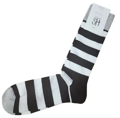 HAPPY SOCKS Men's Black B&W Striped Cotton Crew Socks 8-12 #9002-009 NWT • $8