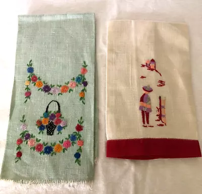 VTG Linen Tea / Hand Towels (2) Embroidered - Mexican Floral. 18x13 21x15 • $13.60