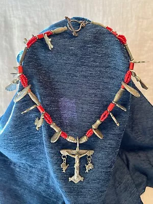 Mexican Milagro Silver & Coral Necklace Handmade Crucifix • $100