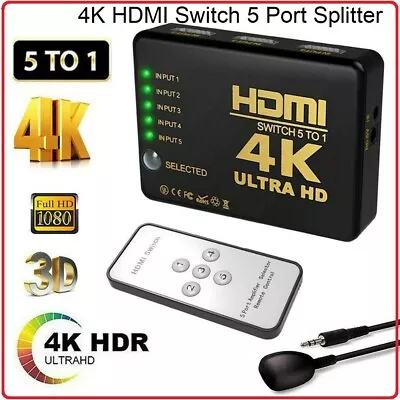 4K HDMI Switch Switcher Selector 5 Port Splitter Hub IR Remote For HDTV PS3 UK • £6.99