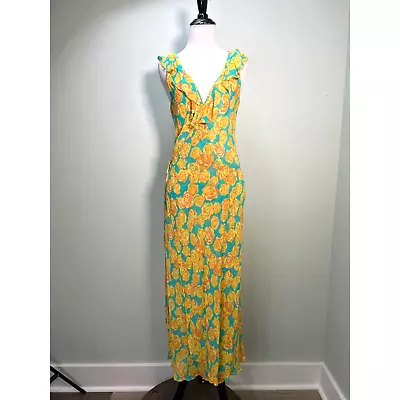 Vintage Betsey Johnson Wrap Dress Medium Turquoise Yellow Rose Floral Silk Midi  • $199