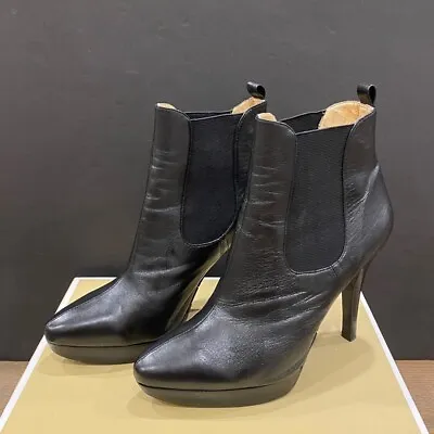 Michael Kors Lattington Black Leather Bootie Ankle Boots Shoes Heels Pumps 9 • $53.99