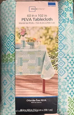 NEW Medallion Teal White PEVA Vinyl 60 X 84 Rectangle Tablecloth Indoor Outdoor • $12