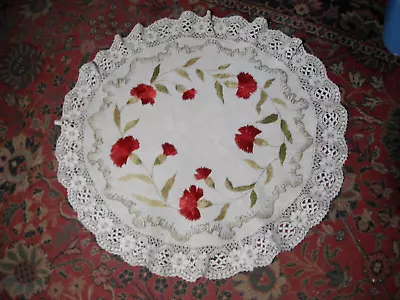 Ant. Vtg Arts & Crafts Ecru Linen Poppy Flowers Embroidered Round Table Cover • $9.99