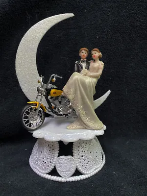 Motorcycle Wedding Cake Topper W/ Harley Davidson Groom Top Moonlitght Bike Yell • $58.88
