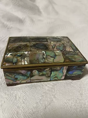 Vintage Handcrafted Brass Broche Alpaca Abalone Shell Inlay Trinket Jewelry Box  • $40
