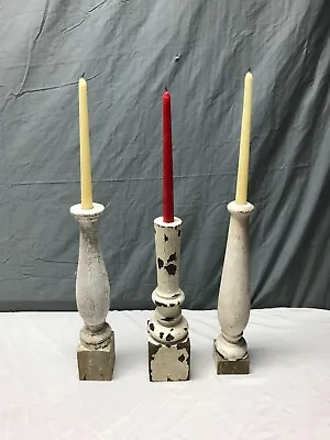 Set 3 Turned Wood Shabby Spindles Chunky Candle Stick Holders Old VTG 2079-23B • $45