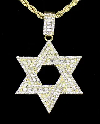 Mens Cz 6 Point Star Of David Pendant 14k Gold Plated Rope Chain Hip Hop Jewelry • $10.97