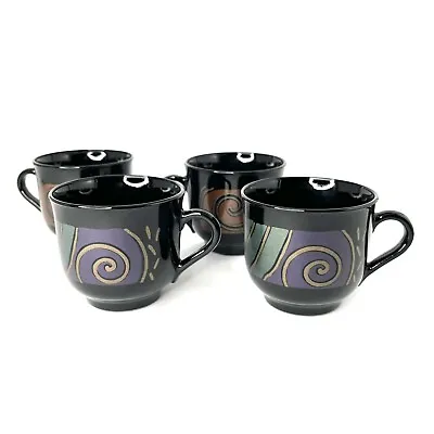 ARC France Tampico Black Glass Coffee Tea Cup Mugs 8 Oz X4 Arcoroc Arcopoal Vtg • $22.99