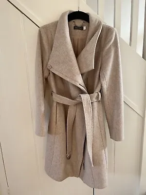Mint Velvet Coat Assymetric Shawl Collar Belted 8 Pink Grey Wool Mix • £50