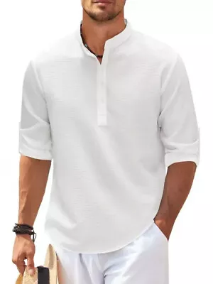 Cotton Linen Hot Sale Men's Long-Sleeved Shirts Solid Color Stand-Up Collar • $25