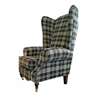 Wing Back Queen Anne Fireside Extra Tall High Back Chair Lana Grey/Black Tartan • £619