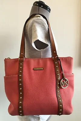 Michael Kors Jet Set Stud  EW TZ Canvas Tote Watermelon Leather Handles • $39.95