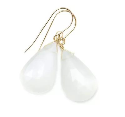 White Moonstone Earrings Faceted Large Teardrops Sterling 14k Yellow Gold Drop • $75