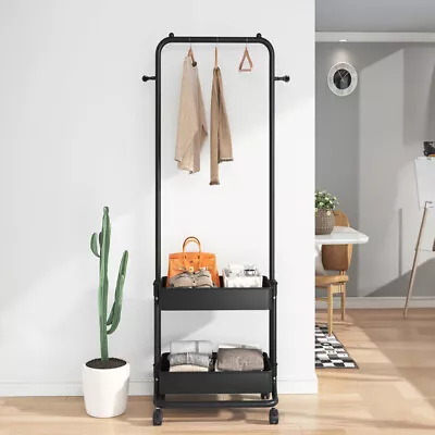 Metal Coat Stand Corner Clothes Rack Garment Shelf Hanging Rail Storage Basket • £15.94