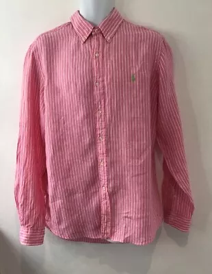 Ralph Lauren Shirt Size L Ocean Linen Pink Stripe Button Down Collar • £19.99