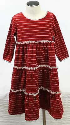 Hanna Andersson Tiered Dress Girls 110/5 Red Velvet Silver Stripes Holiday Ruffl • $45