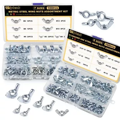 Wing Nuts 200PCS Metric & SAE Wingnuts 13 Assorted Sizes Carbon Steel Zinc P... • $35.16