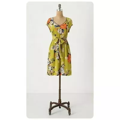 Anthropologie Moulinette Soeurs Chartreuse Shoots Silk Floral Dress Sz 4 • $18.99