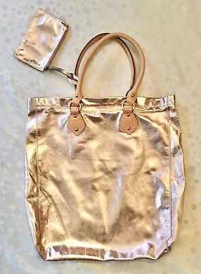 J. CREW Genuine Leather Large Carryall Tote Bag W/Mini Pouch In Metallic Gold • $29.95