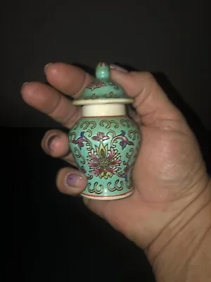 Vintage Chinese Ginger Jar 3 Inches Teal Handpainted • $15