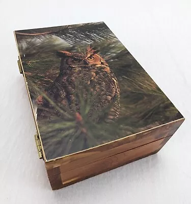 Vintage Wood Trinket Box Hinged Lid Owl Front Small Jewelry Stash 5.75  X 4  • $11.21